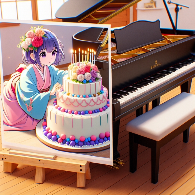 A birthday cake on a piano in the style of anime